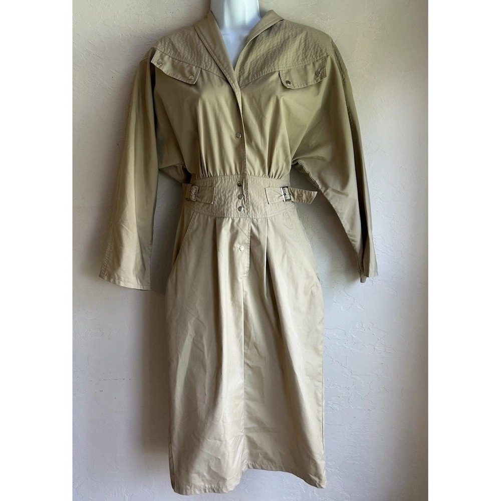 Vintage 80s Khaki Trench Midi Shirt Dress 10 Equestrian Old Money Minimalist - Picture 1 of 10